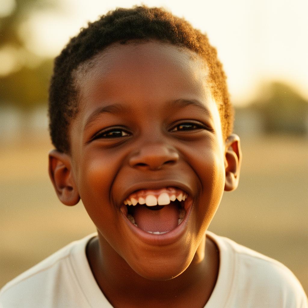 A young boy mid-laugh in golden hour light