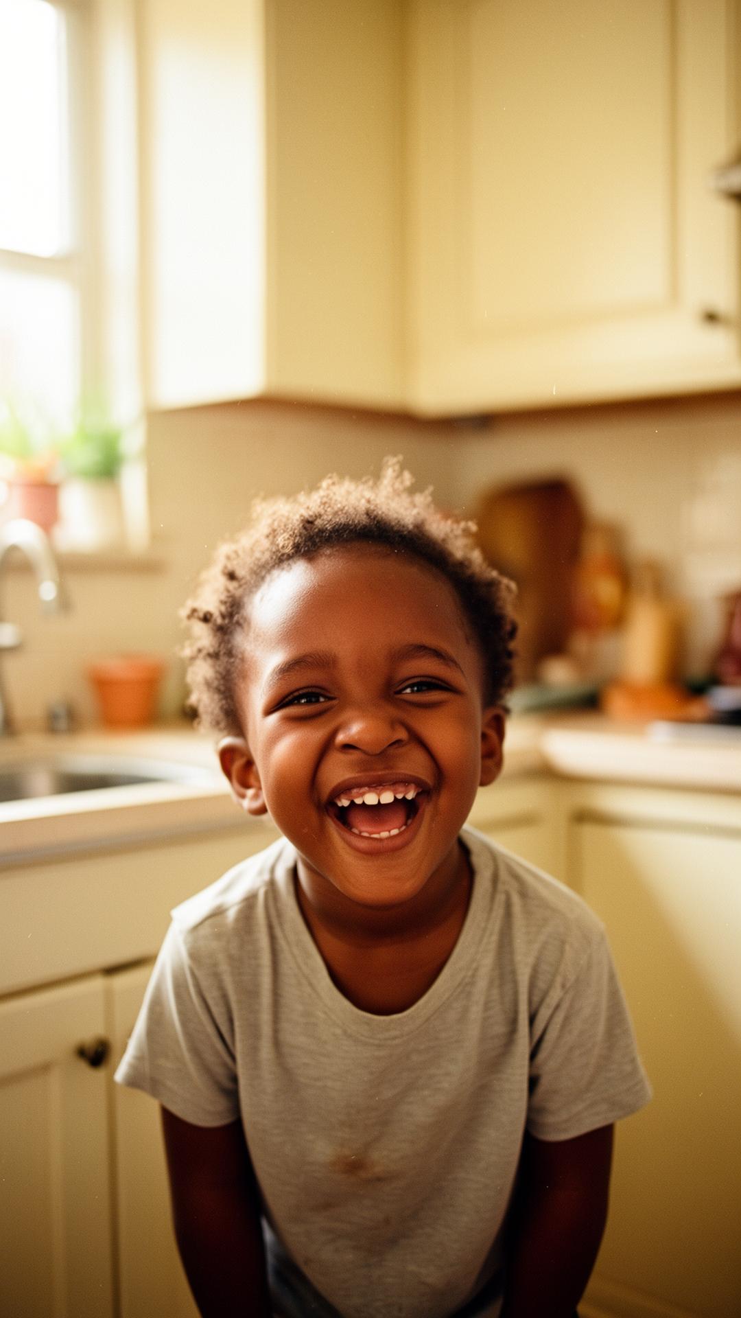 A child laughing in a sunlit kitchen