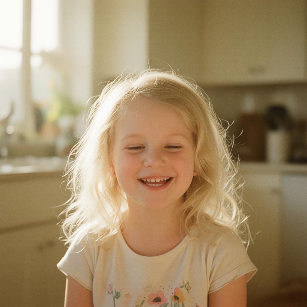 A young girl mid-laugh in a sunlit kitchen